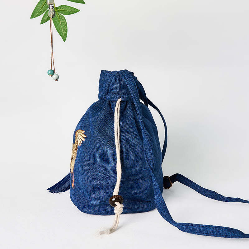 Buddha Stones Embroidered Navy Blue Crane Cotton Linen Crossbody Bag Shoulder Bag - image 3