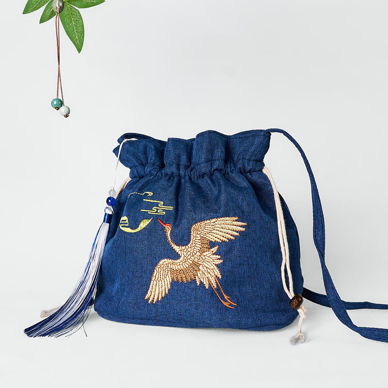Buddha Stones Embroidered Navy Blue Crane Cotton Linen Crossbody Bag Shoulder Bag - image 1