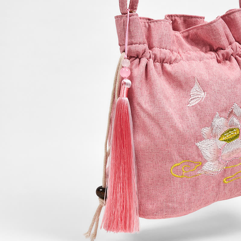 Buddha Stones Embroidered Light Pink Lotus Cotton Linen Crossbody Bag Shoulder Bag - image 4