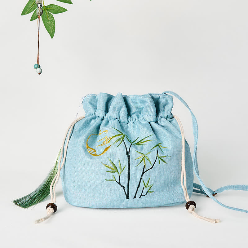 Buddha Stones Embroidered Green Bamboo Cotton Linen Crossbody Bag Shoulder Bag - Green Bamboo 19*20*10cm - image 0
