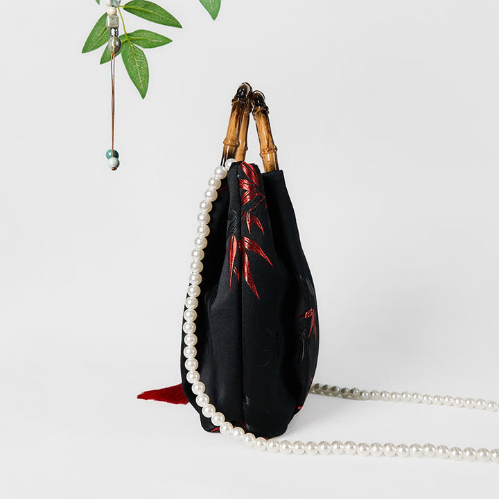 Buddha Stones Polyester Cotton Embroidery Leaves Bamboo Handle Pearl Crossbody Bag Hangbags - image 3