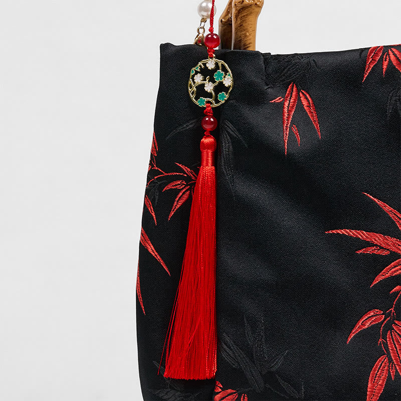 Buddha Stones Polyester Cotton Embroidery Leaves Bamboo Handle Pearl Crossbody Bag Hangbags - image 5