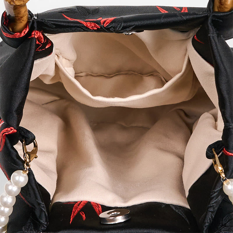 Buddha Stones Polyester Cotton Embroidery Leaves Bamboo Handle Pearl Crossbody Bag Hangbags - image 6