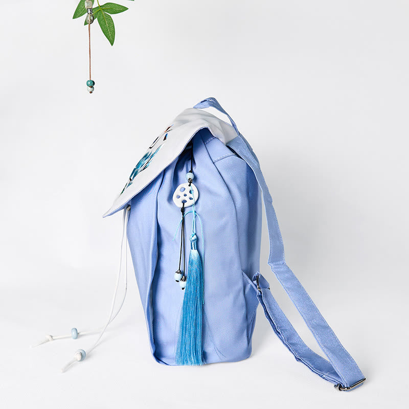 Buddha Stones Handmade Blue Magnolia Embroidered Large Capacity Canvas Backpack - image 3