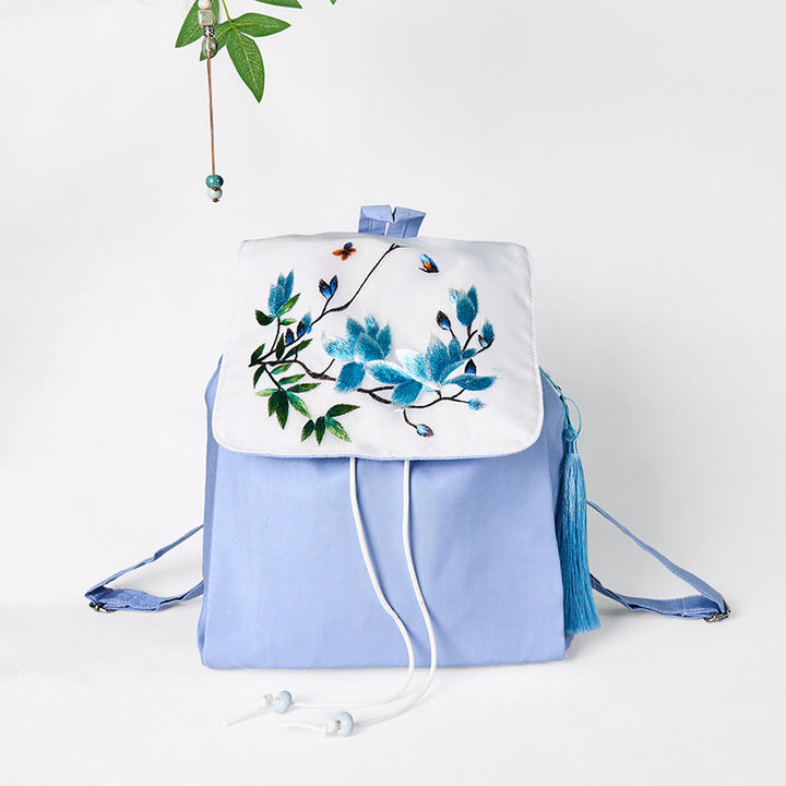 Buddha Stones Handmade Blue Magnolia Embroidered Large Capacity Canvas Backpack - Blue Magnolia - image 0