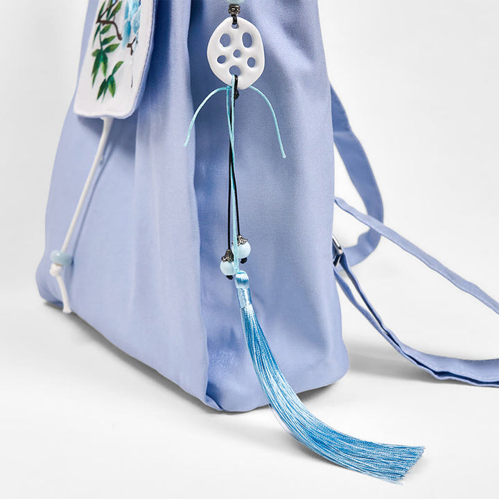 Buddha Stones Handmade Blue Magnolia Embroidered Large Capacity Canvas Backpack - image 4