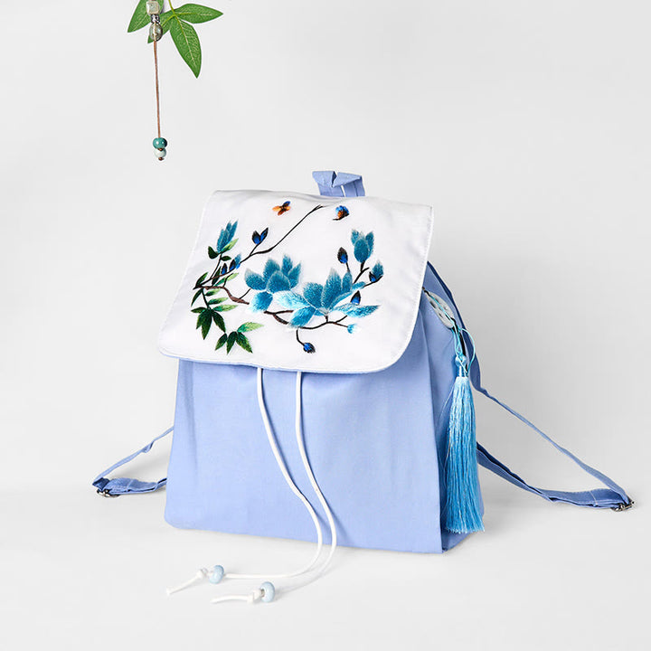 Buddha Stones Handmade Blue Magnolia Embroidered Large Capacity Canvas Backpack - image 2