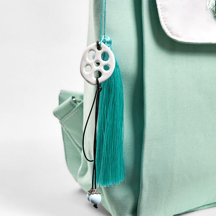 Buddha Stones Handmade Green Peony Flowers Embroidered Large Capacity Canvas Backpack - image 5