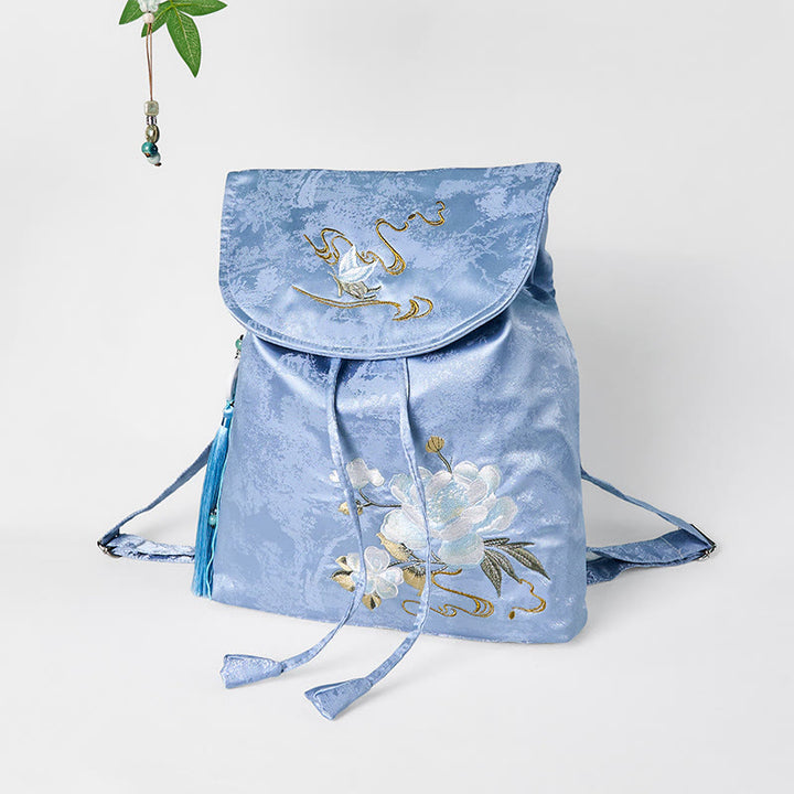 Buddha Stones Handmade Blue Camellia Embroidered Large Capacity Polyester Cotton Backpack - image 2