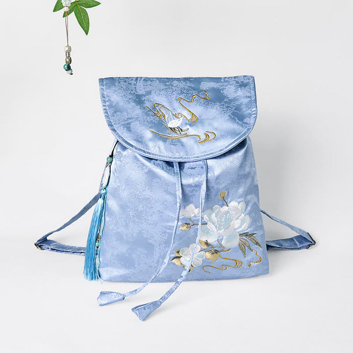Buddha Stones Handmade Blue Camellia Embroidered Large Capacity Polyester Cotton Backpack - Blue Camellia - image 0