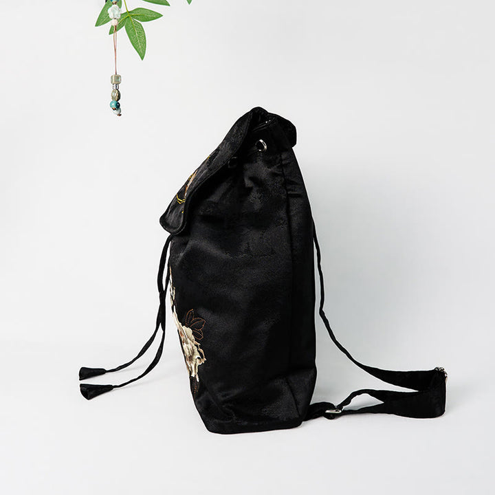 Buddha Stones Handmade Black Peony Embroidered Large Capacity Polyester Cotton Backpack - image 3