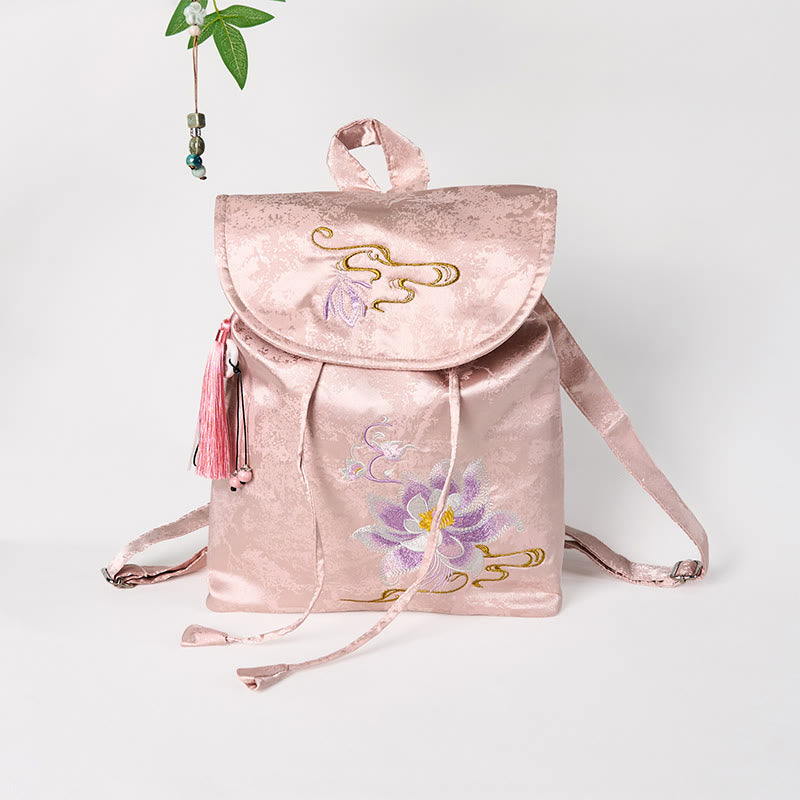 Buddha Stones Handmade Pink Lotus Embroidered Large Capacity Polyester Cotton Backpack - Pink Lotus - image 0