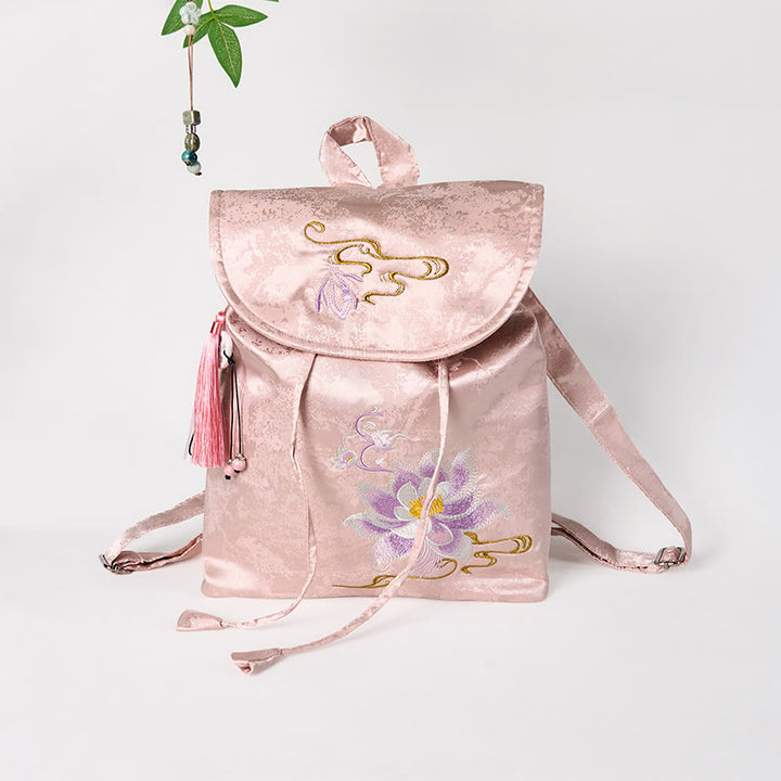 Buddha Stones Handmade Pink Lotus Embroidered Large Capacity Polyester Cotton Backpack - Pink Lotus - image 0