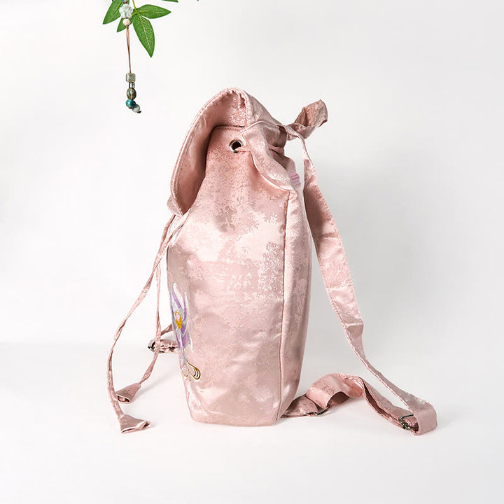 Buddha Stones Handmade Pink Lotus Embroidered Large Capacity Polyester Cotton Backpack - image 3