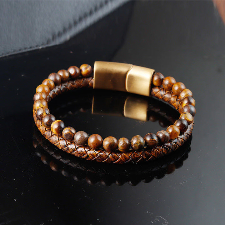 Buddha Stones Multi-layer Woven Tiger Eye Stone Beads Leather Titanium Steel Strength Buckle Bracelet - Tiger Eye(Wrist Circumference: 19-20cm) - image 0