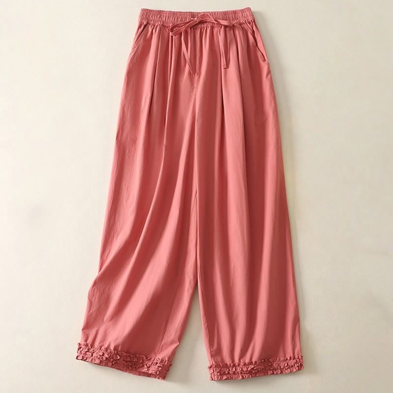 Buddha Stones Casual Ruffle Hem Patchwork Design Drawstring Ankle-length Women's Cotton Pants With Pockets - Tomato - US12，UK/AU16，EU44 (2XL) - image 0