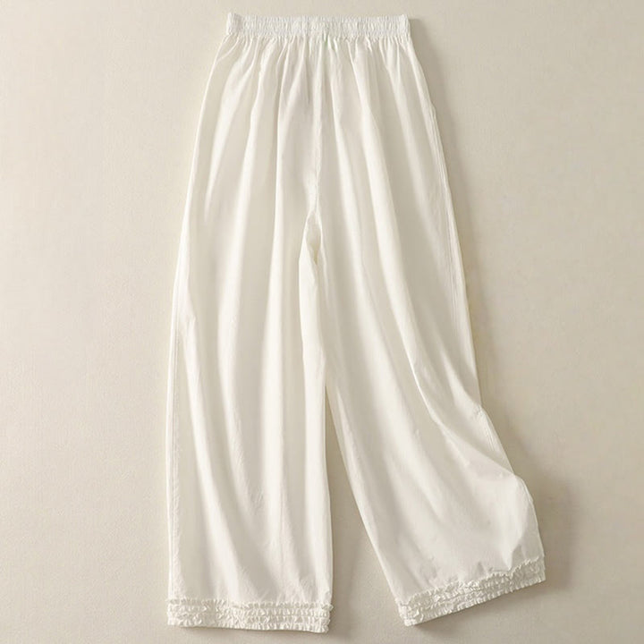 Buddha Stones Casual Ruffle Hem Patchwork Design Drawstring Ankle-length Women's Cotton Pants With Pockets - image 6