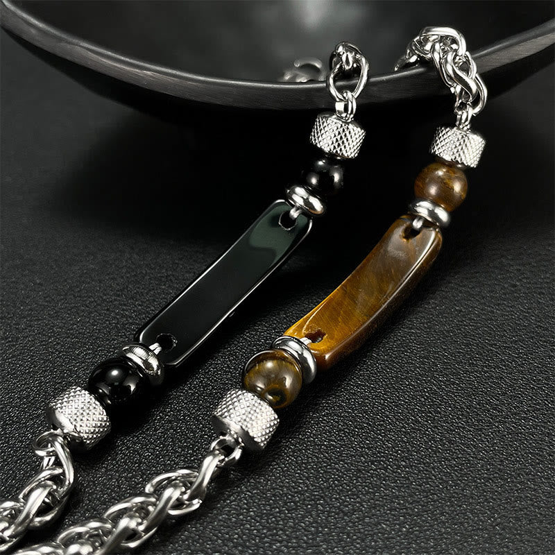 Buddha Stones Tiger Eye Black Obsidian Stone Titanium Steel Strength Buckle Bracelet - image 16