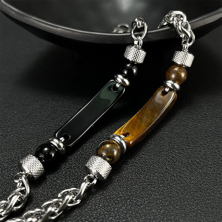 Buddha Stones Tiger Eye Black Obsidian Stone Titanium Steel Strength Buckle Bracelet - image 16