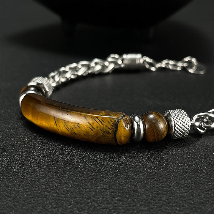 Buddha Stones Tiger Eye Black Obsidian Stone Titanium Steel Strength Buckle Bracelet - image 2