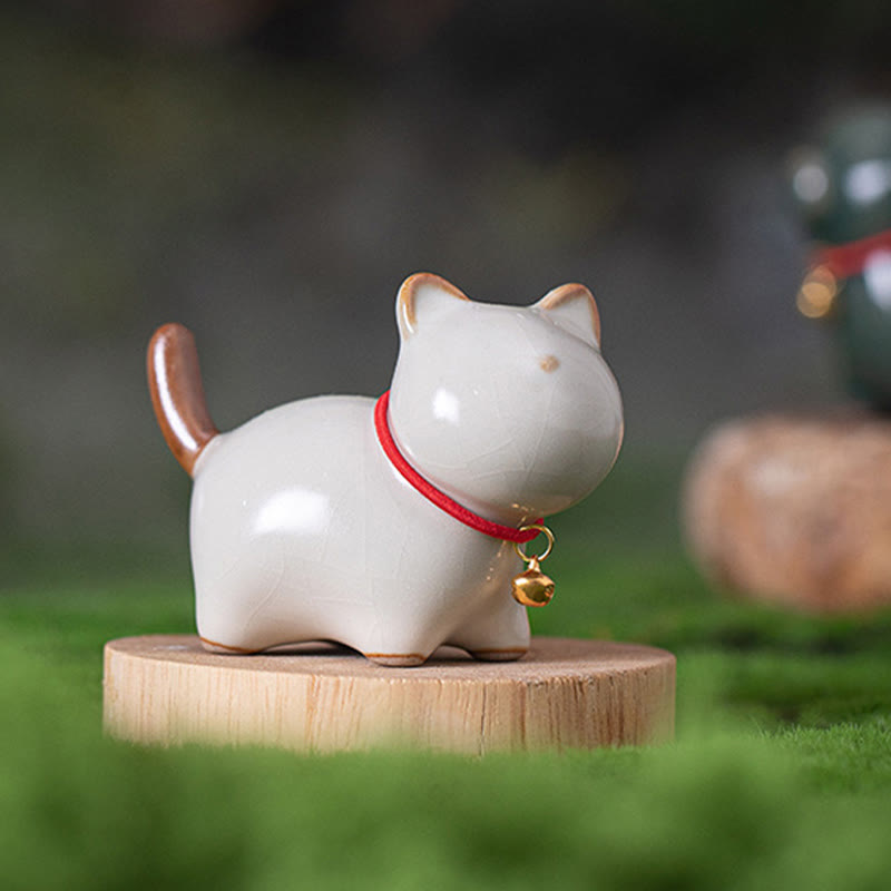 Buddha Stones Mini Lucky Cute Standing Cat Red Rope Bell Ceramic Figurine Decoration - image 3
