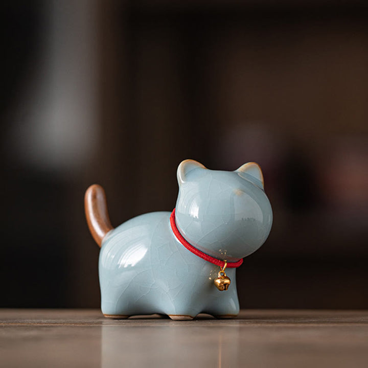 Buddha Stones Mini Lucky Cute Standing Cat Red Rope Bell Ceramic Figurine Decoration - Blue(7.6*3.9*5.6cm) - image 14