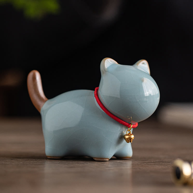 Buddha Stones Mini Lucky Cute Standing Cat Red Rope Bell Ceramic Figurine Decoration - image 15