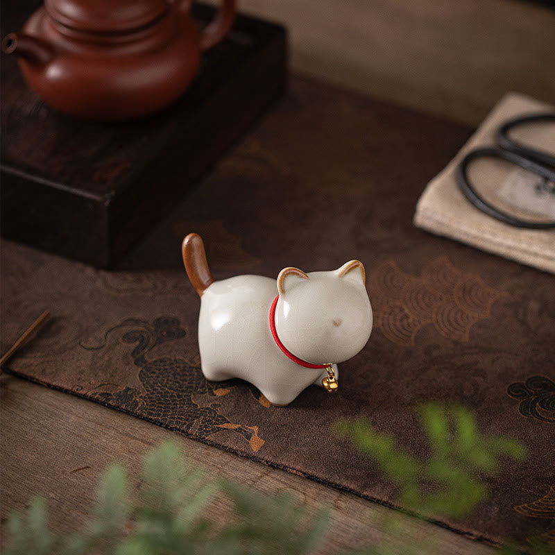 Buddha Stones Mini Lucky Cute Standing Cat Red Rope Bell Ceramic Figurine Decoration - image 7
