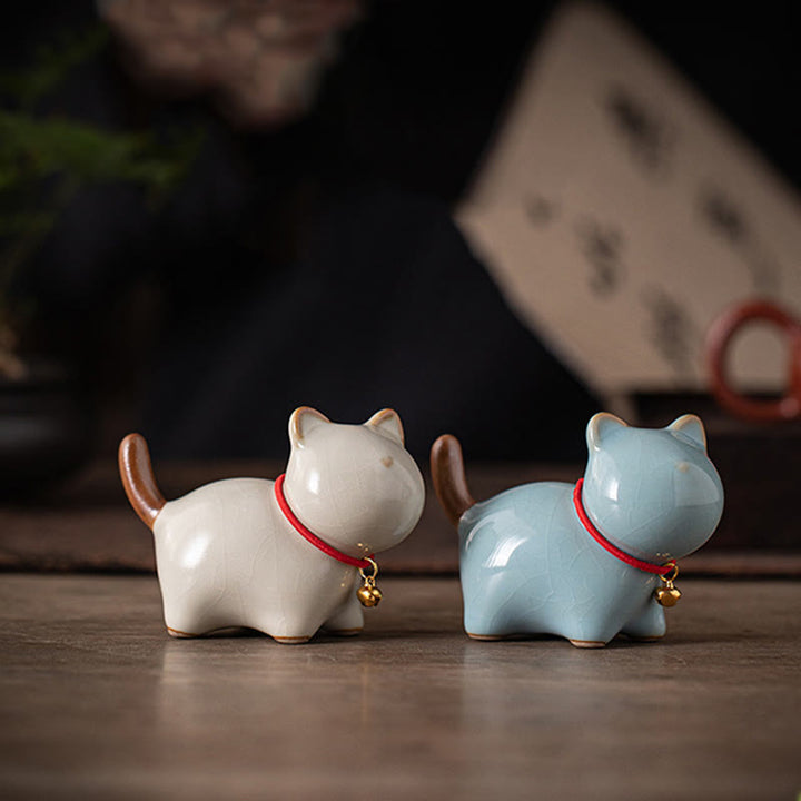 Buddha Stones Mini Lucky Cute Standing Cat Red Rope Bell Ceramic Figurine Decoration - image 0
