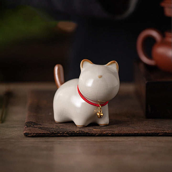 Buddha Stones Mini Lucky Cute Standing Cat Red Rope Bell Ceramic Figurine Decoration - image 2