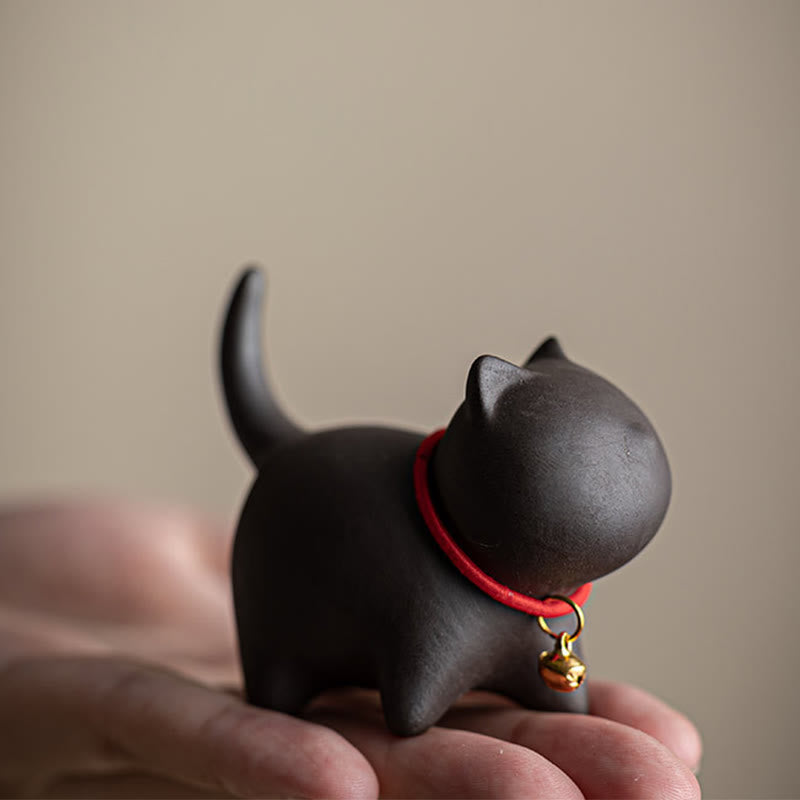 Buddha Stones Mini Lovely Red Rope Bell Cat Tea Pet Purple Clay Figurine Desk Decoration - image 10