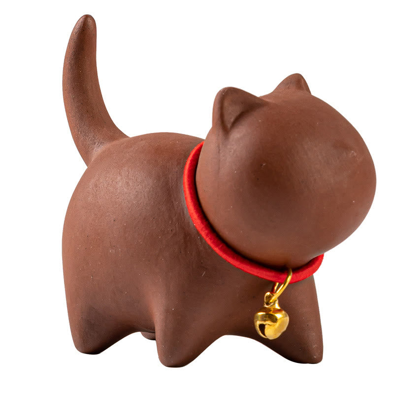 Buddha Stones Mini Lovely Red Rope Bell Cat Tea Pet Purple Clay Figurine Desk Decoration - image 5