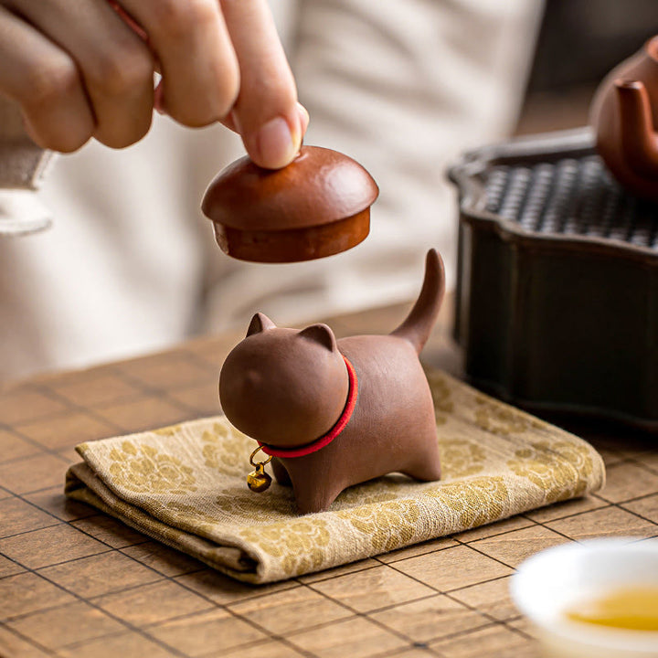 Buddha Stones Mini Lovely Red Rope Bell Cat Tea Pet Purple Clay Figurine Desk Decoration - image 4