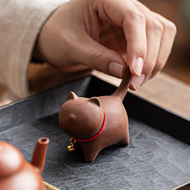 Buddha Stones Mini Lovely Red Rope Bell Cat Tea Pet Purple Clay Figurine Desk Decoration - image 3