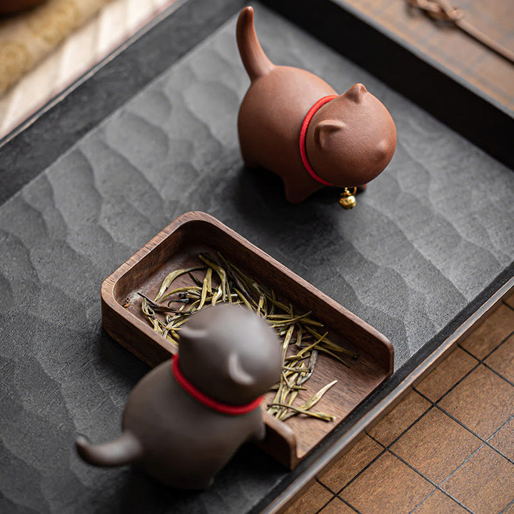 Buddha Stones Mini Lovely Red Rope Bell Cat Tea Pet Purple Clay Figurine Desk Decoration - image 11