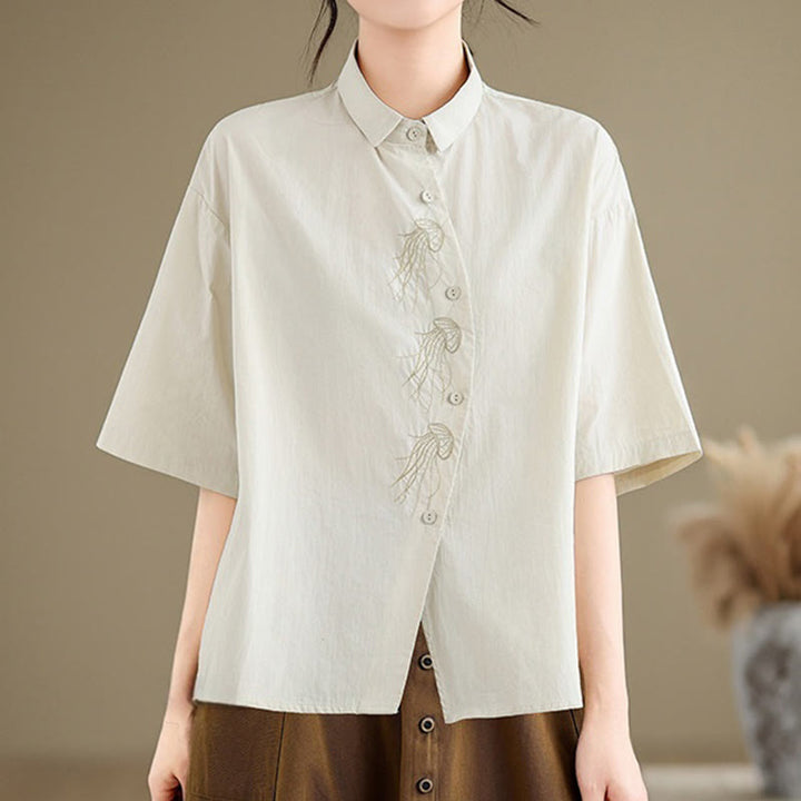 Buddha Stones Casual Women's Embroidered Jellyfish Pattern Stand Collar Buttons Design Half Sleeve Cotton Shirt - Beige - US14，UK/AU18，EU46 (2XL) - image 0