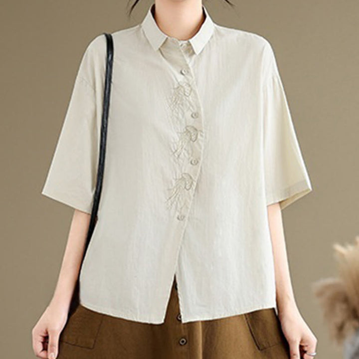 Buddha Stones Casual Women's Embroidered Jellyfish Pattern Stand Collar Buttons Design Half Sleeve Cotton Shirt - image 5