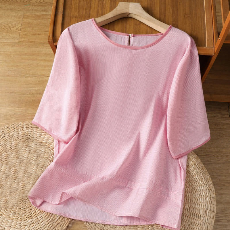 Buddha Stones Pullover Stripes Crew Neck Design Women's Cotton Short Sleeves Shirt - LightPink - US8-10，UK/AU12-14，EU40-42 (2XL) - image 6