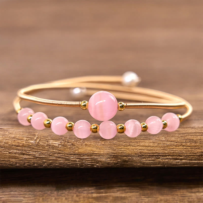 Buddha Stones 14K Gold Filled Copper Pink Cat Eye Support Metal Cuff Bracelet Bangle - image 1