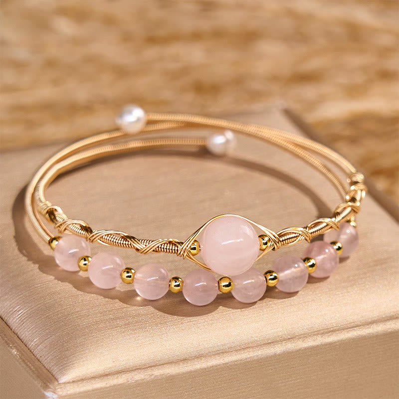 Buddha Stones Natural Rose Quartz Love Healing Metal Cuff Bracelet Bangle - Rose Quartz(Wrist Circumference 14-16 cm) - image 0