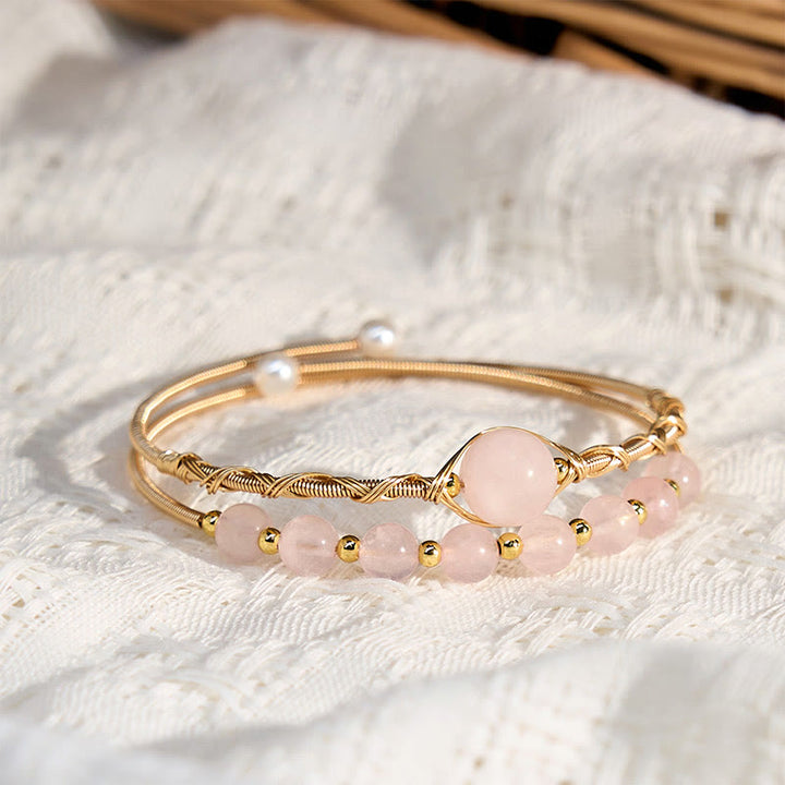 Buddha Stones Natural Rose Quartz Love Healing Metal Cuff Bracelet Bangle - image 2