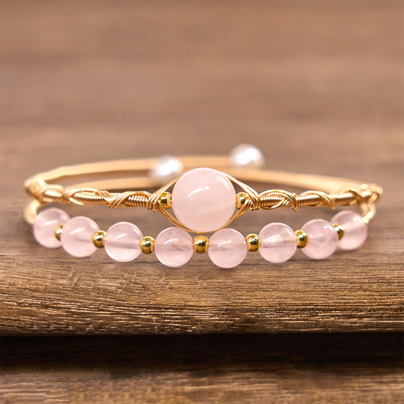 Buddha Stones Natural Rose Quartz Love Healing Metal Cuff Bracelet Bangle - image 1