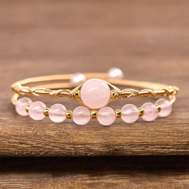 Buddha Stones Natural Rose Quartz Love Healing Metal Cuff Bracelet Bangle - image 1