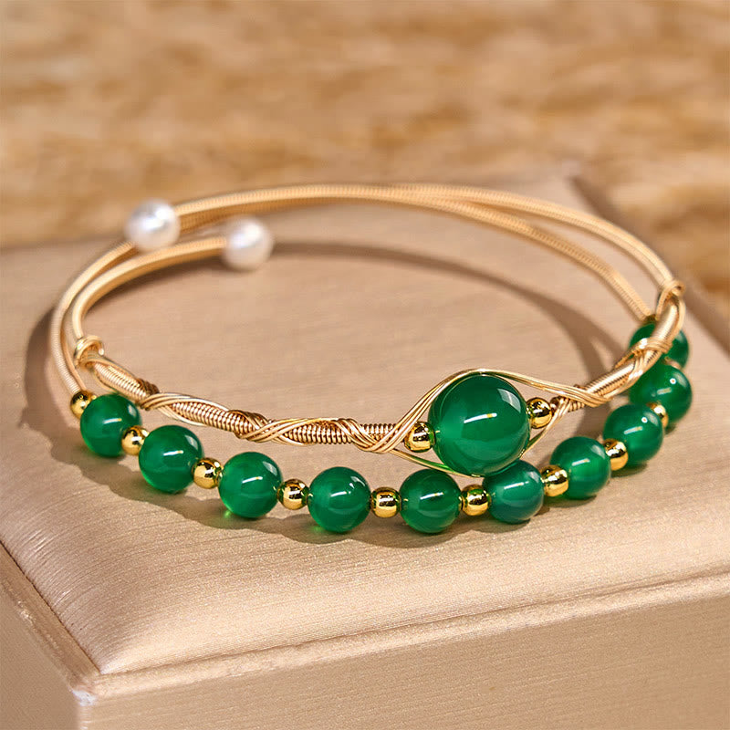 Buddha Stones 14K Gold Filled Copper Natural Green Agate Power Metal Cuff Bracelet Bangle - Green Agate(Wrist Circumference 14-16 cm) - image 0