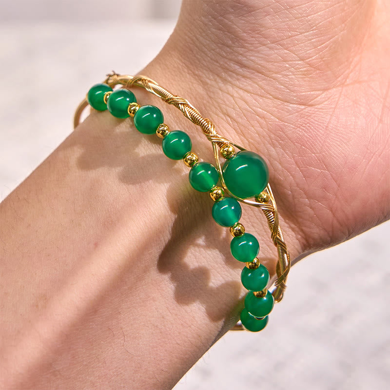 Buddha Stones 14K Gold Filled Copper Natural Green Agate Power Metal Cuff Bracelet Bangle - image 4