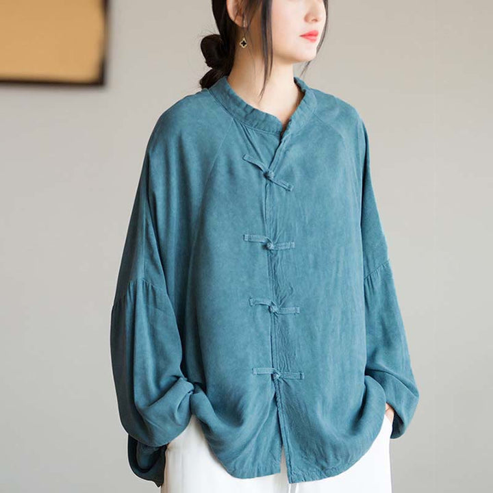 Buddha Stones Frog-Button Long Sleeve Shirt Zen Tai Chi Meditation Top Hanfu Clothing Jacket - Cyan(Bust 162cm)(Top Only) - image 0