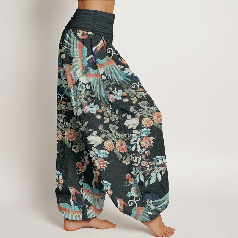 Buddha Stones Pure Cotton Colorful Flowers Birds Leaves Pattern Women's Elastic Waist Harem Pants - image 2