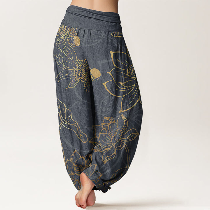 Buddha Stones Pure Cotton Lotus Leaf Koi Fish Women's Elastic Waist Harem Pants - image 6