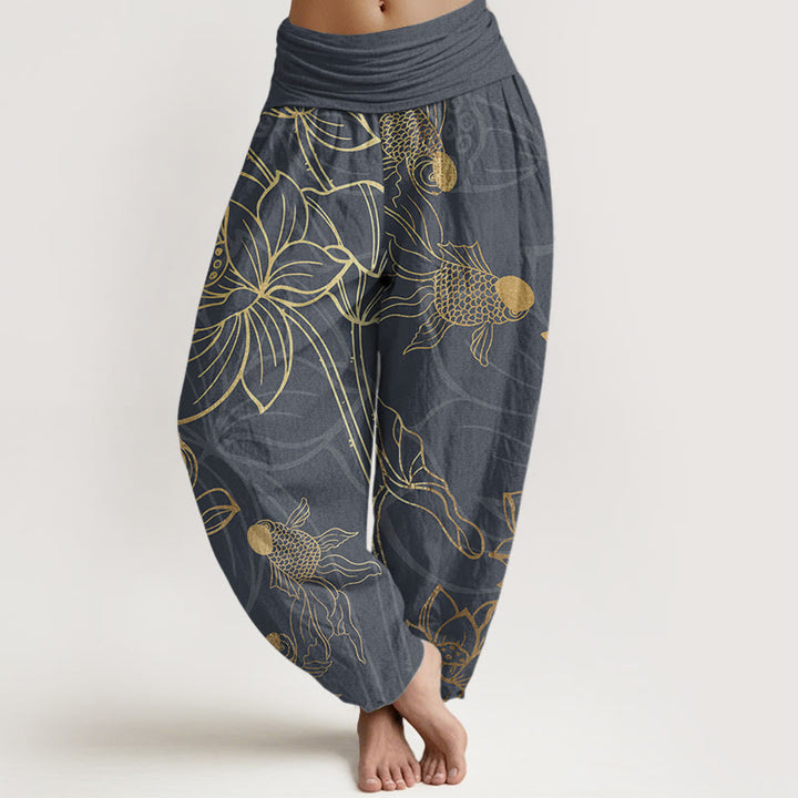 Buddha Stones Pure Cotton Lotus Leaf Koi Fish Women's Elastic Waist Harem Pants - DimGray - US22，UK/AU26，EU54 (6XL) - image 5