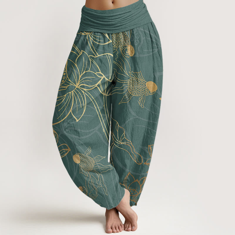 Buddha Stones Pure Cotton Lotus Leaf Koi Fish Women's Elastic Waist Harem Pants - DarkCyan - US22，UK/AU26，EU54 (6XL) - image 0